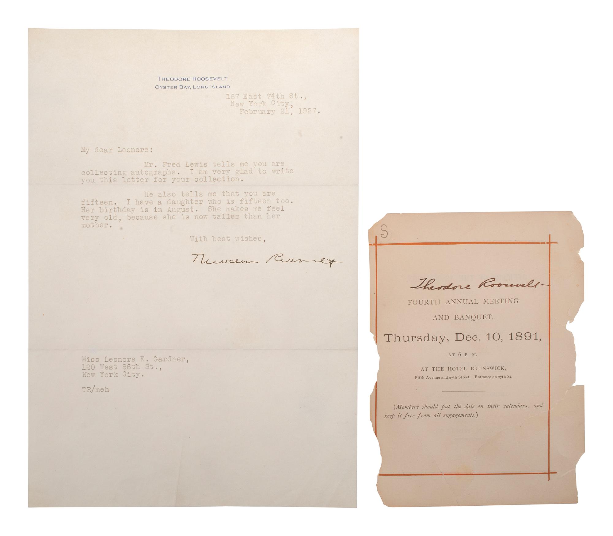 ROOSEVELT, Theodore III (1887-1944). Typed letter signed ("Theodore Roosevelt"). New York, NY, 21 February 1927.