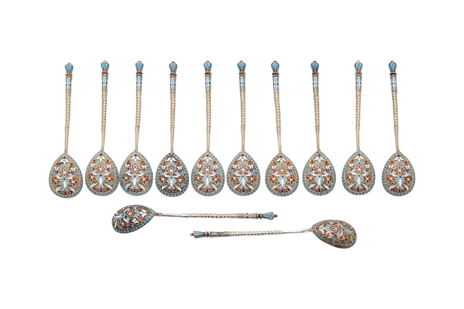 A Set of Twelve Russian Gilt-Washed Silver and Cloisonné Enamel Coffee Spoons