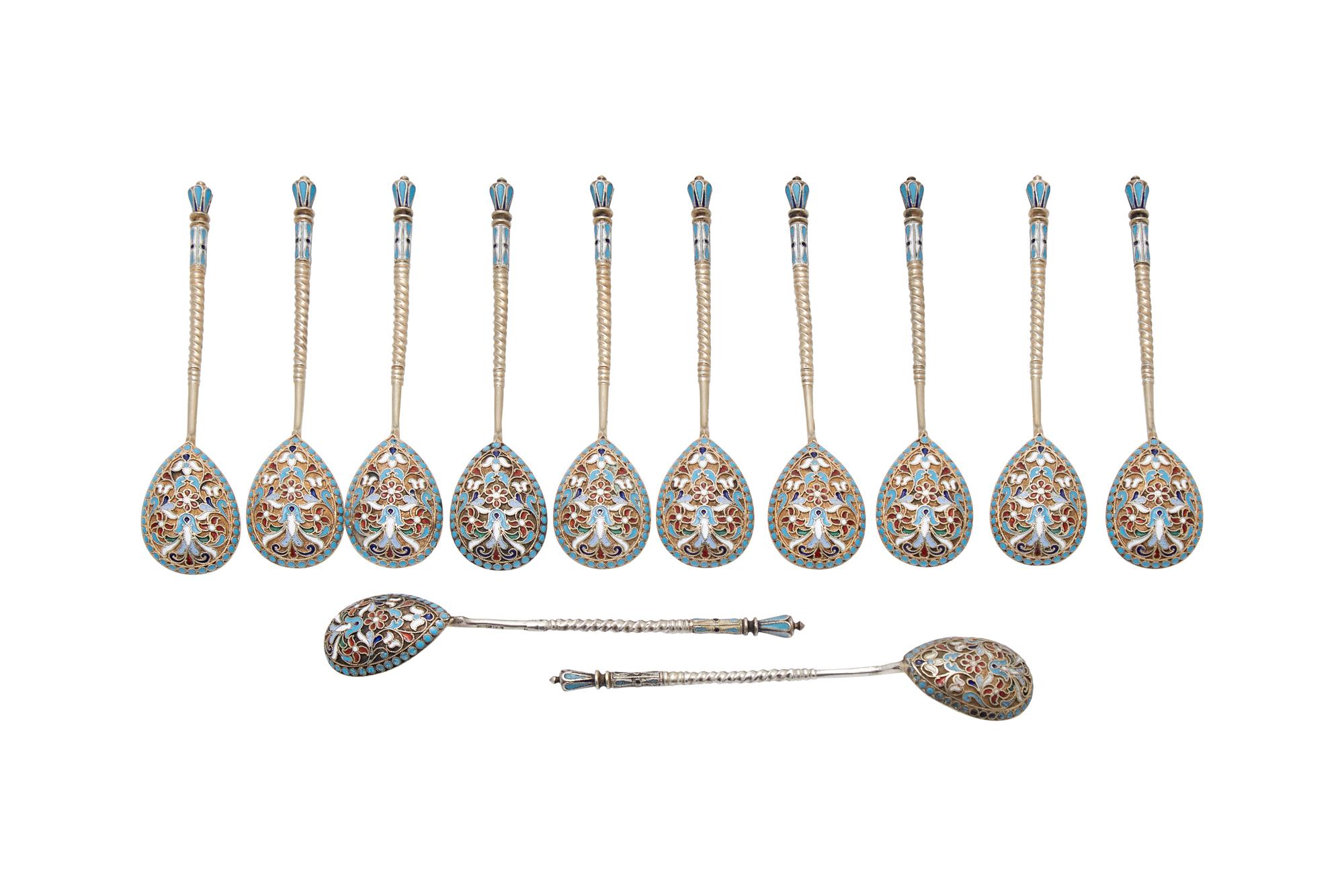 A Set of Twelve Russian Gilt-Washed Silver and Cloisonné Enamel Coffee Spoons