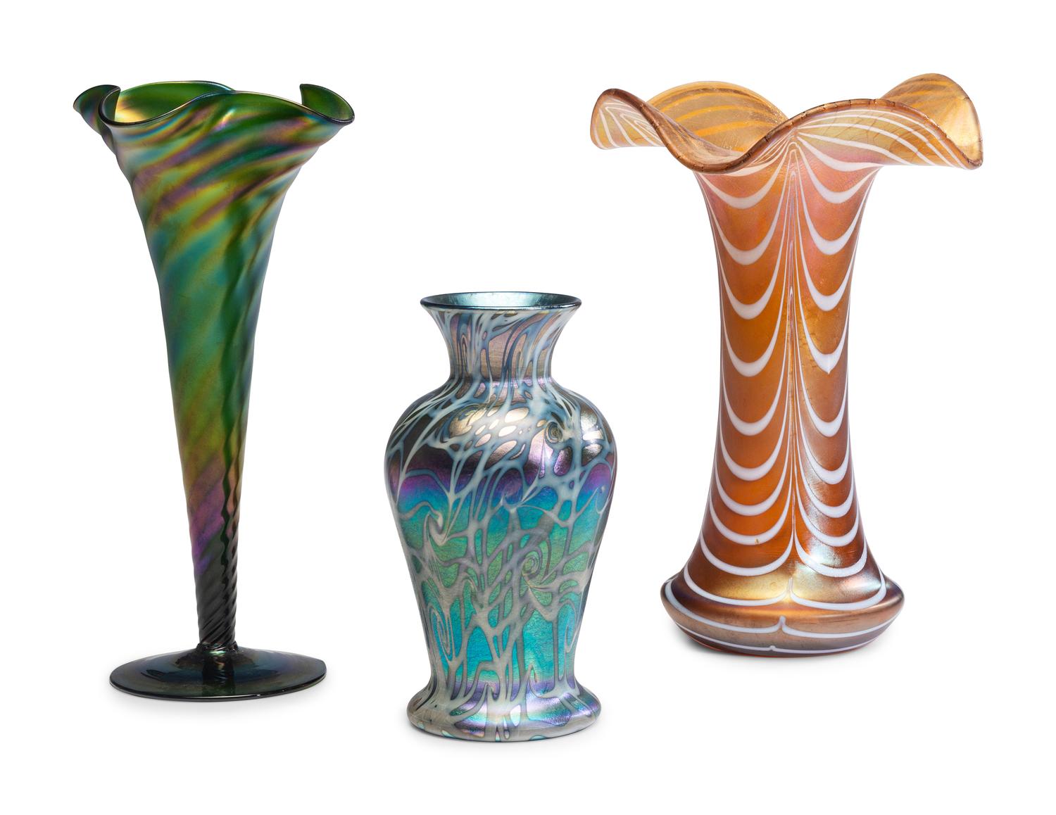 Three Iridescent Art Glass Vases