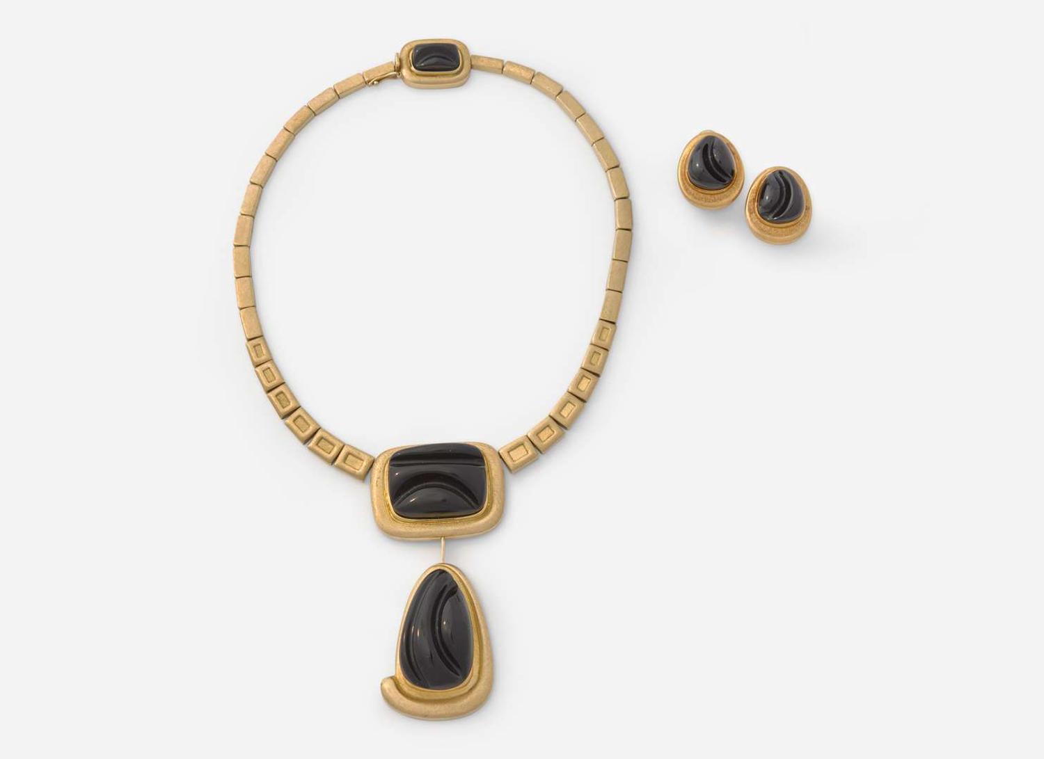 A Set of Matching Haroldo Burle Marx 18K Yellow Gold and Black Tourmaline Necklace and Ear Clips