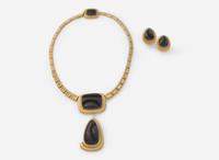 A Set of Matching Haroldo Burle Marx 18K Yellow Gold and Black Tourmaline Necklace and Ear Clips