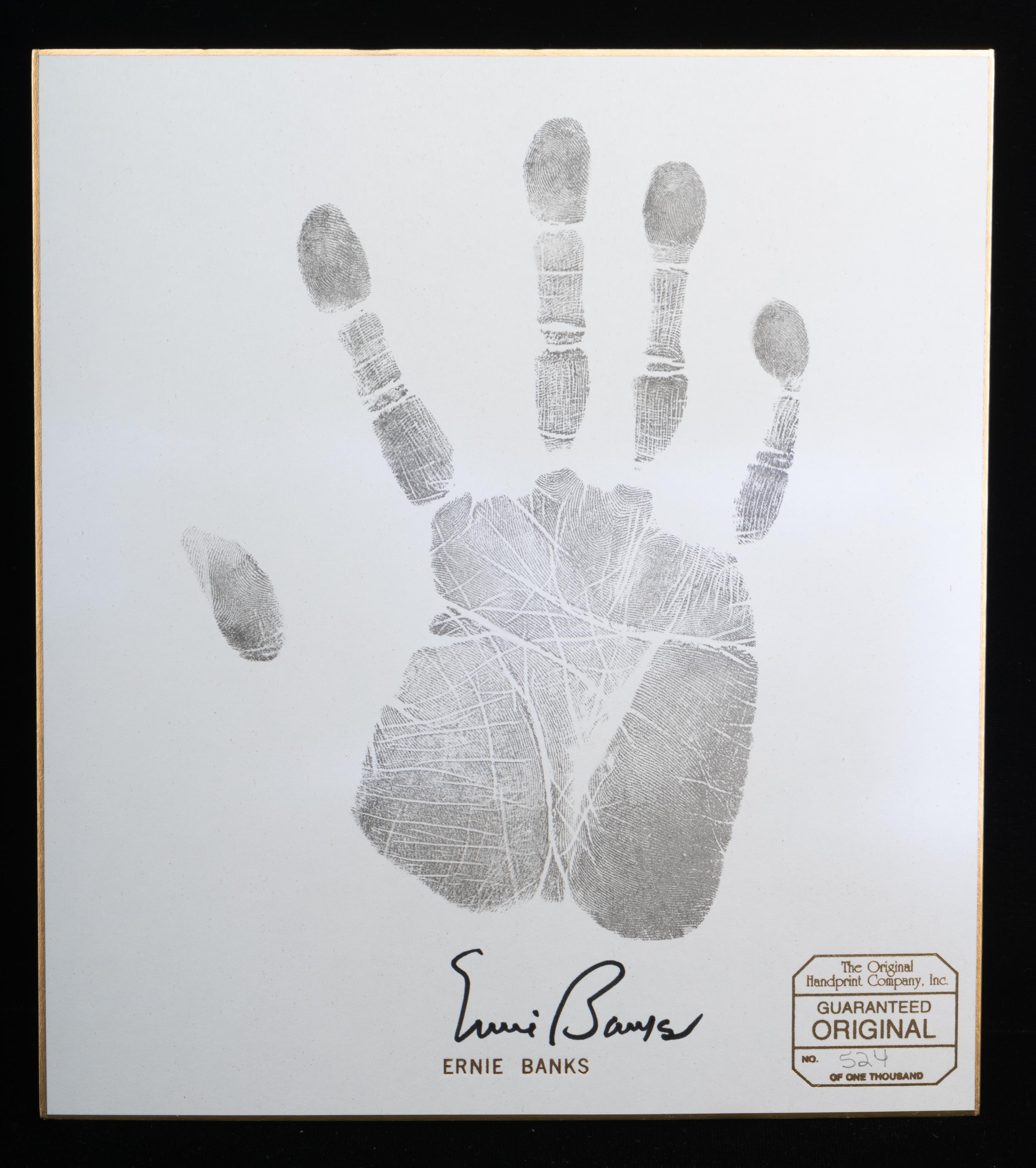 An Ernie Banks Signed Autograph Original Handprint Company Signed Handprint Display,
