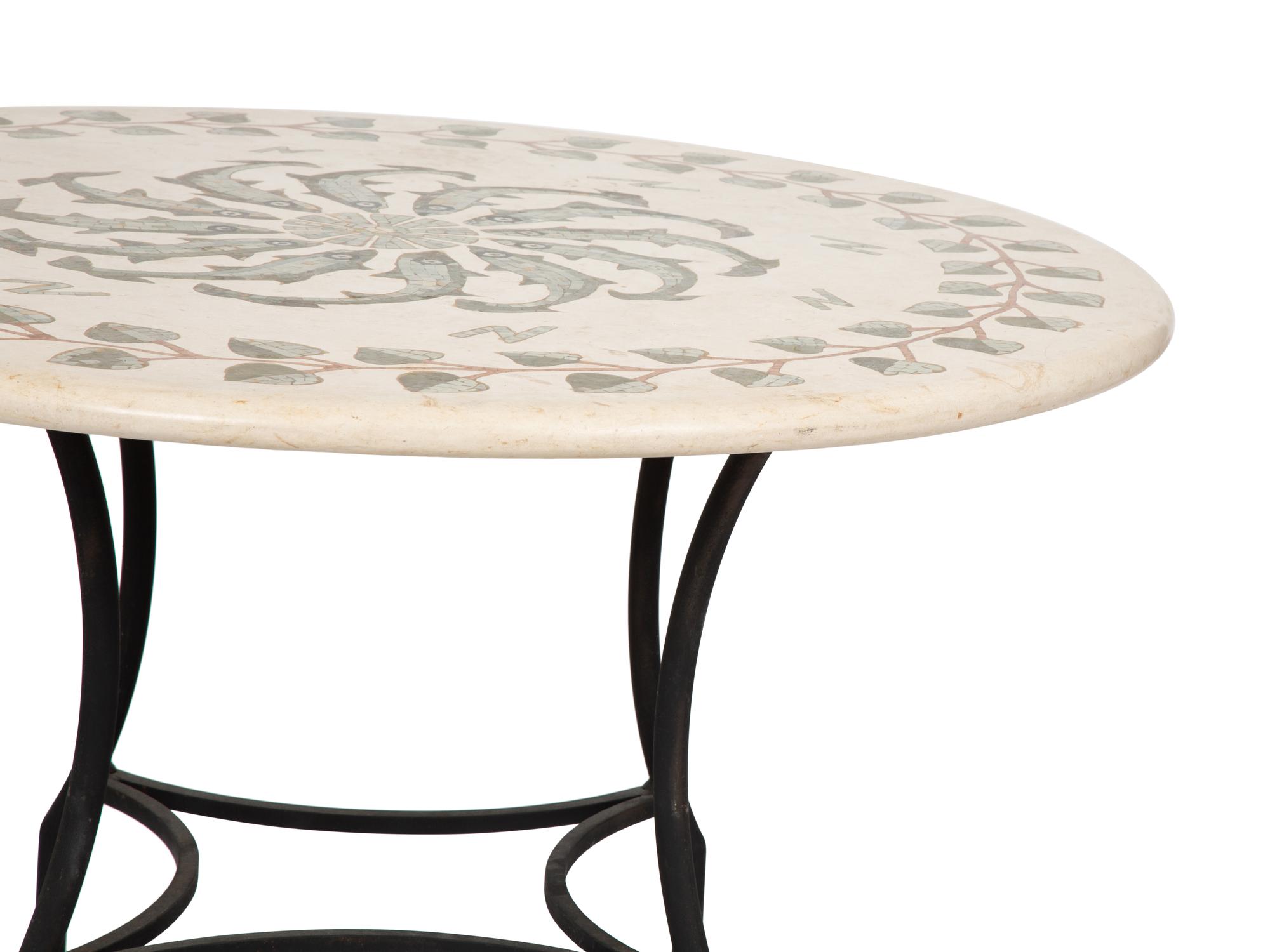 A Mosaic Inlaid Stone Top Table on a Metal Base — 20TH CENTURY