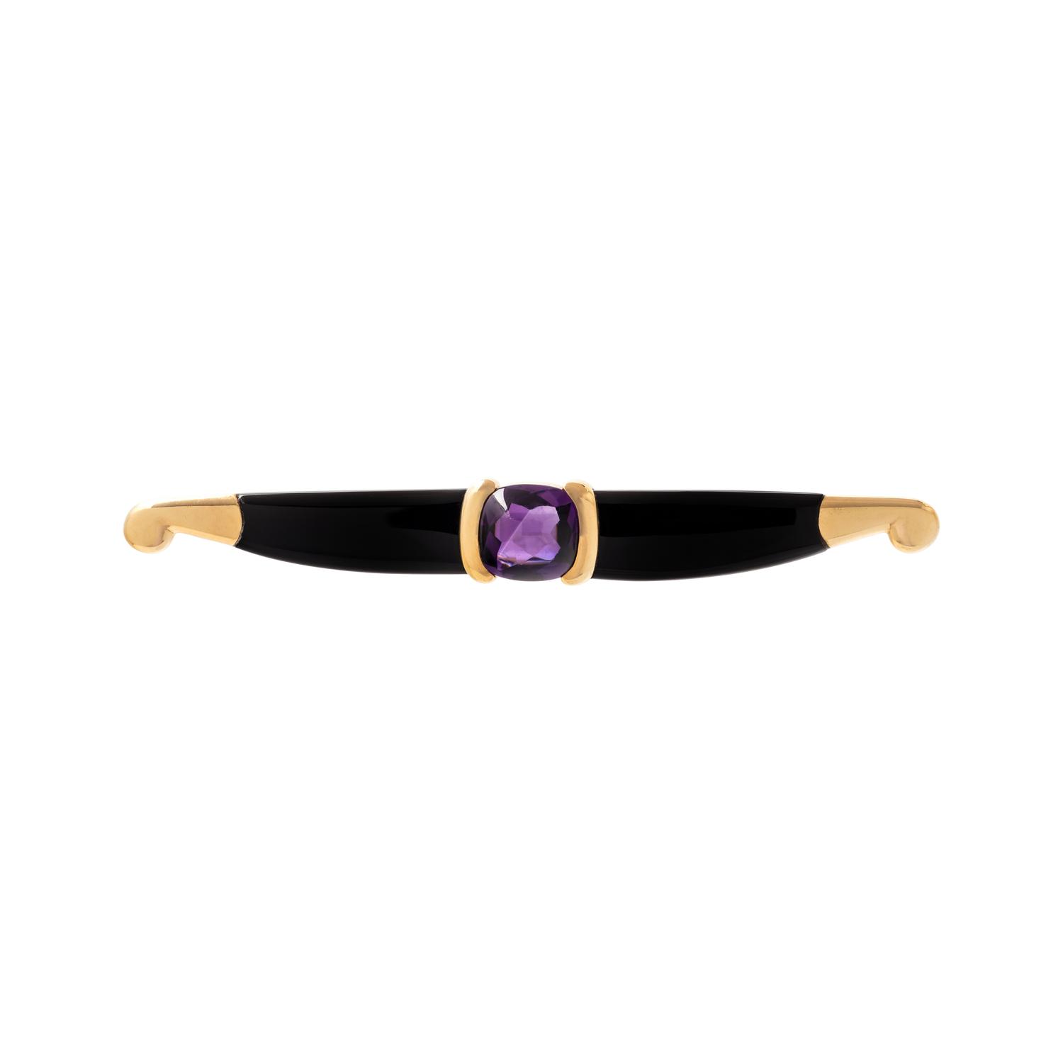 YELLOW GOLD, AMETHYST AND ENAMEL BROOCH