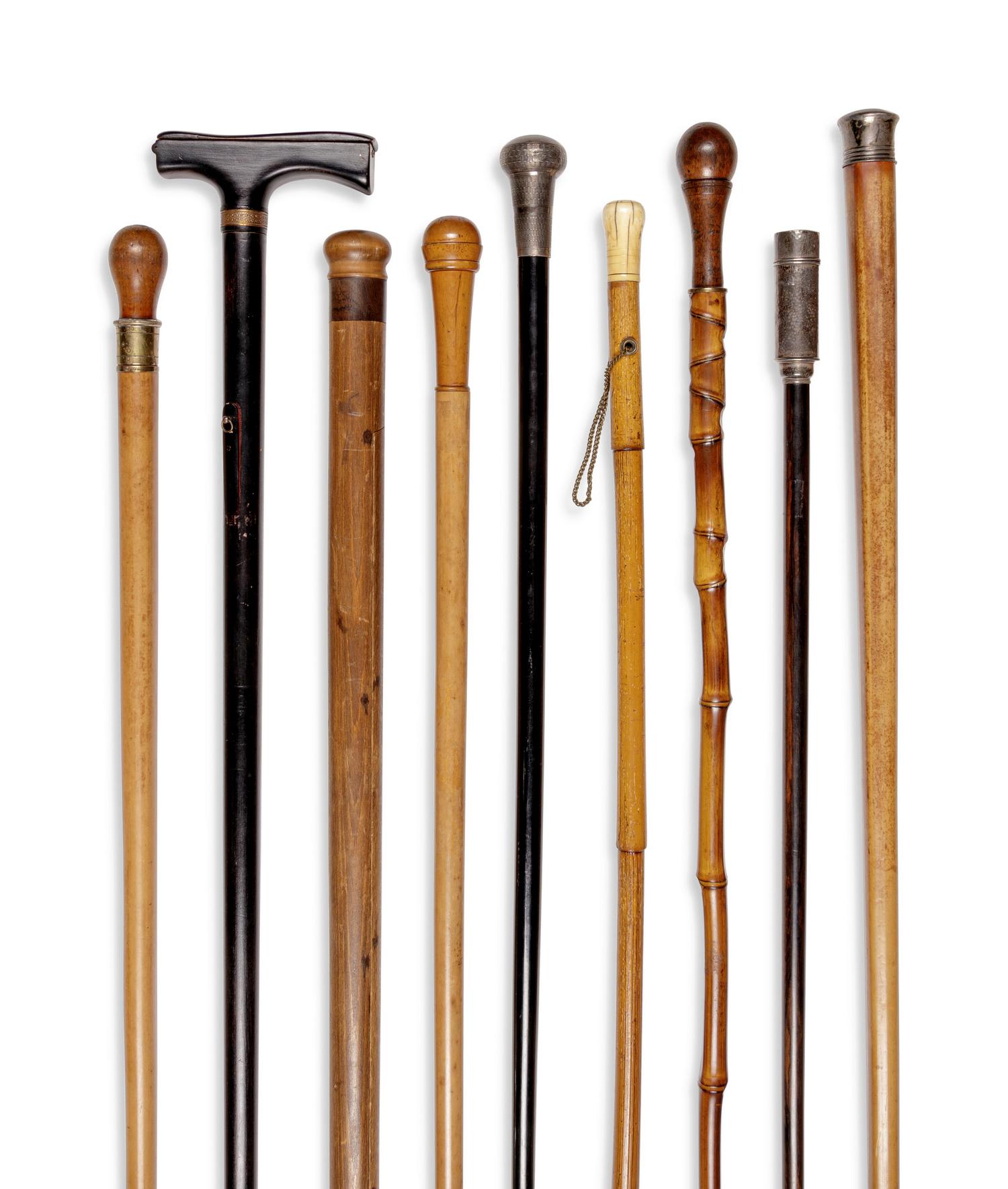 Nine English and Continental Tool System Walking Sticks