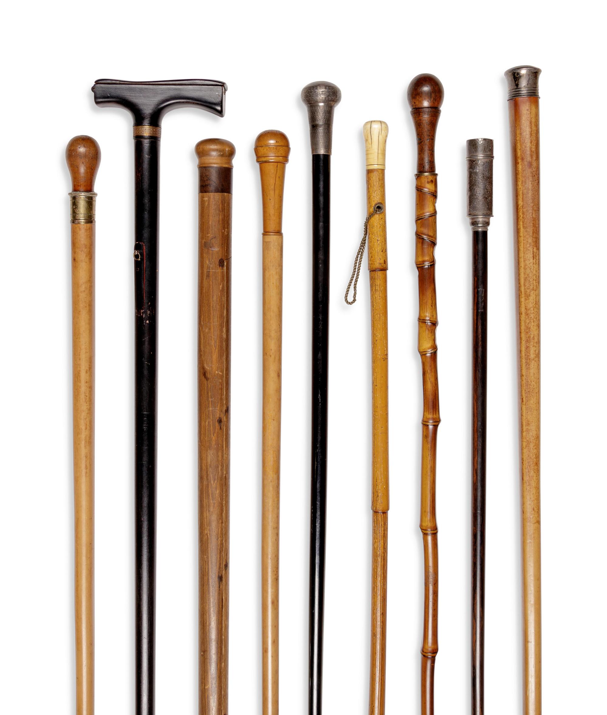 Nine English and Continental Tool System Walking Sticks