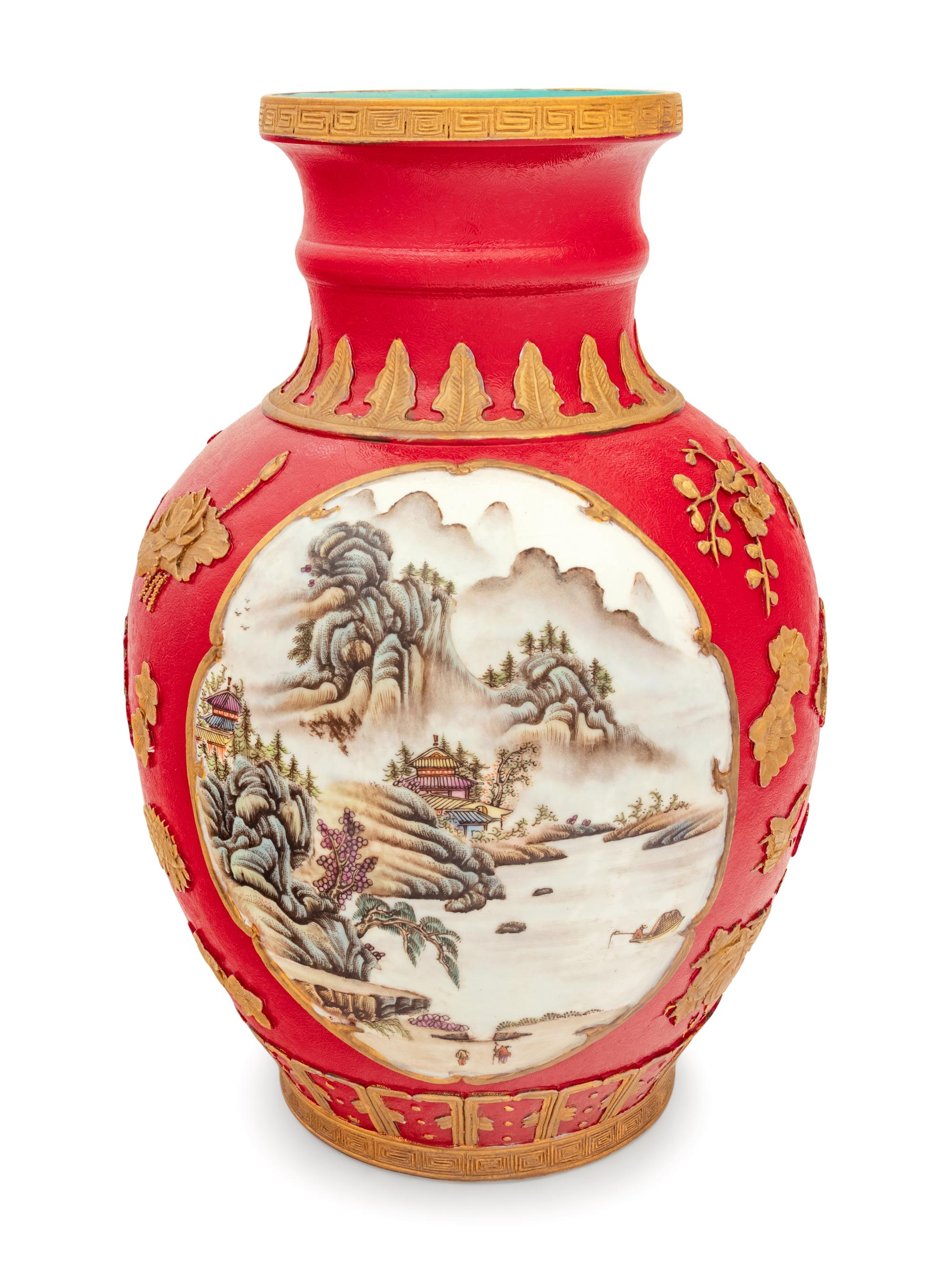 A Chinese Export Parcel-Gilt and Enameled Porcelain Vase