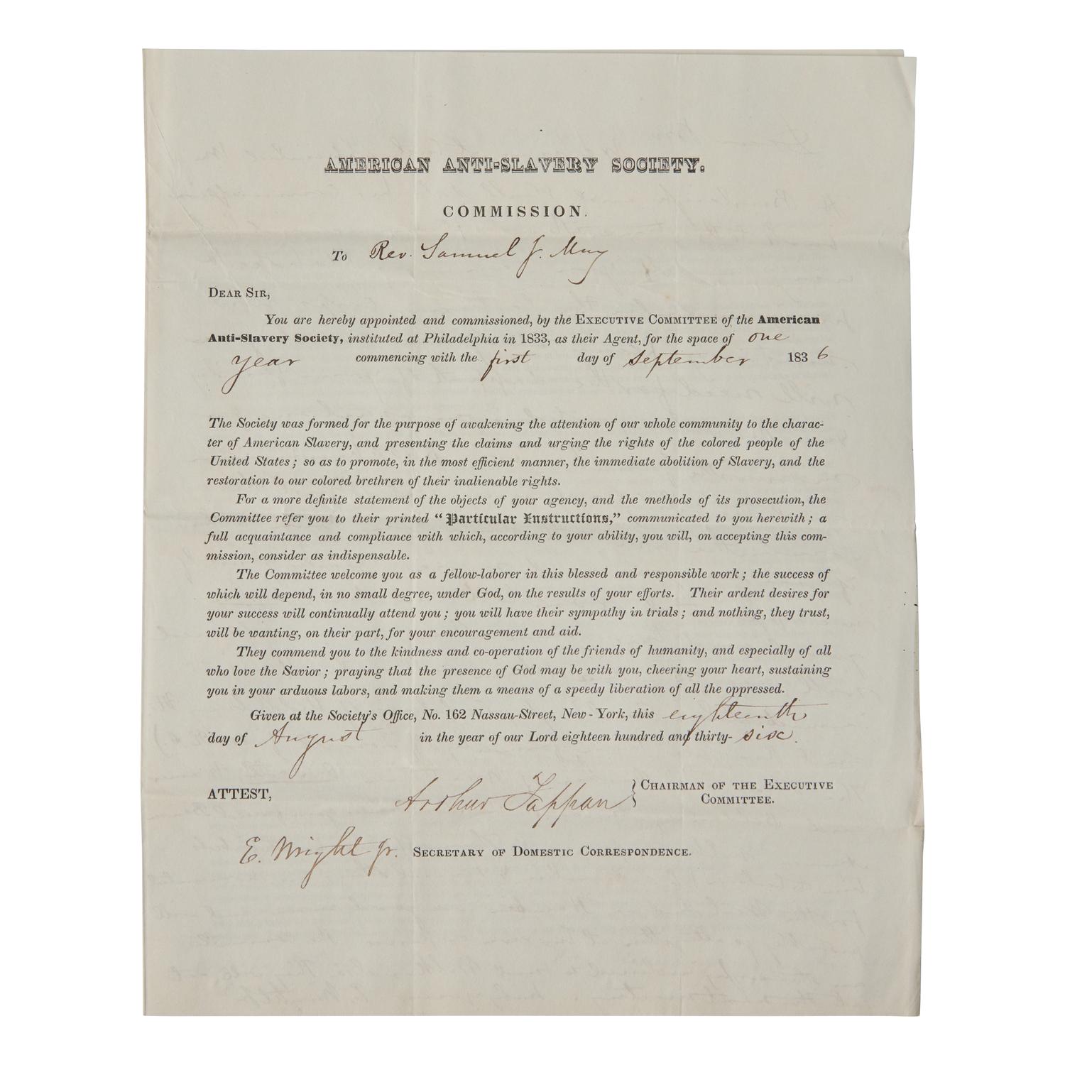 [African-Americana] Wright, Elizur, Jr., and Arthur Tappan. Rev. Samuel J. May's Partially-Printed American Anti-Slavery Society Executive Committee Commission for 1836