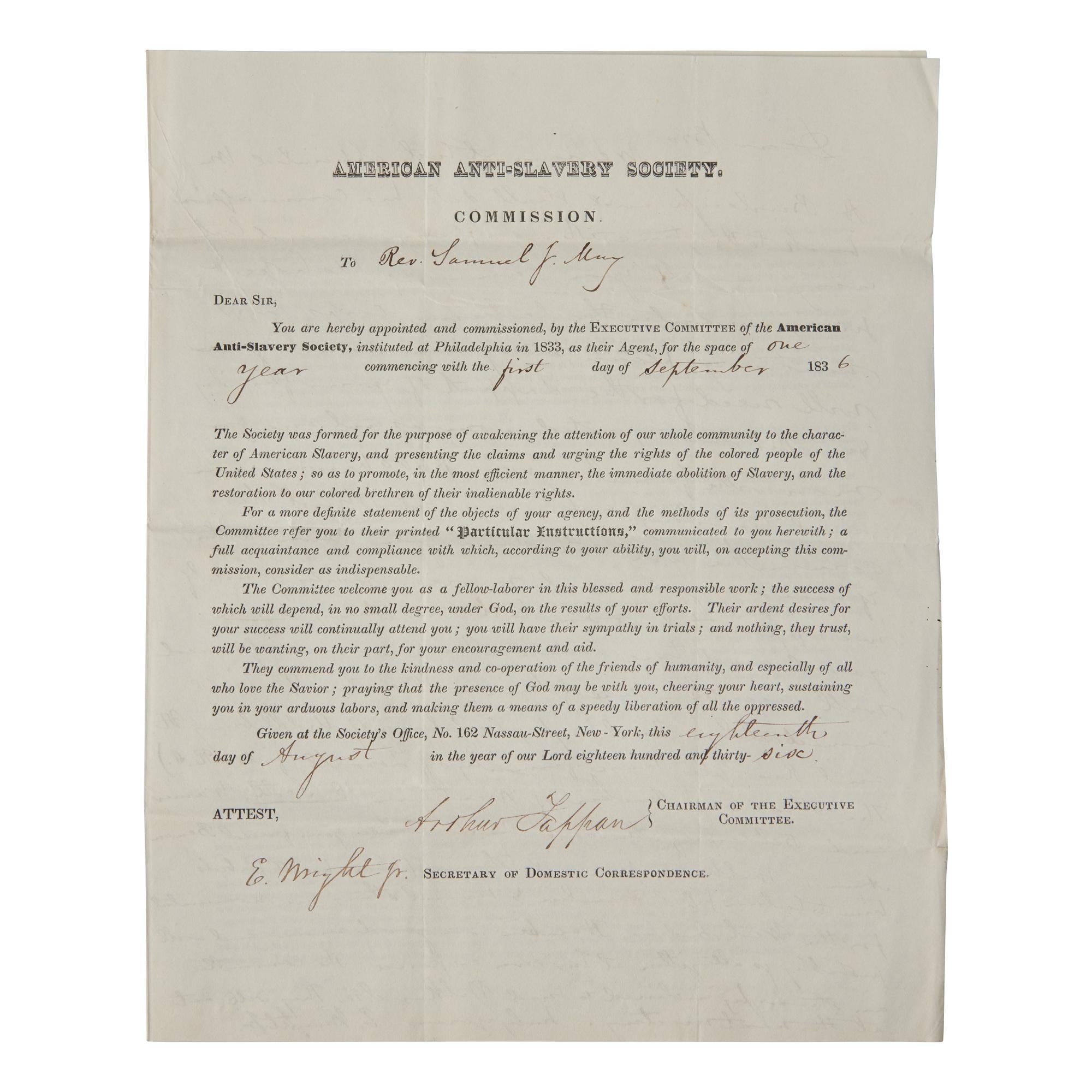 [African-Americana] Wright, Elizur, Jr., and Arthur Tappan. Rev. Samuel J. May's Partially-Printed American Anti-Slavery Society Executive Committee Commission for 1836