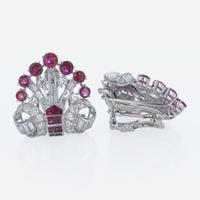 An Art Deco Diamond, and Ruby Duette Double Clip Brooch C. 1930's Bailey, Banks, & Biddle