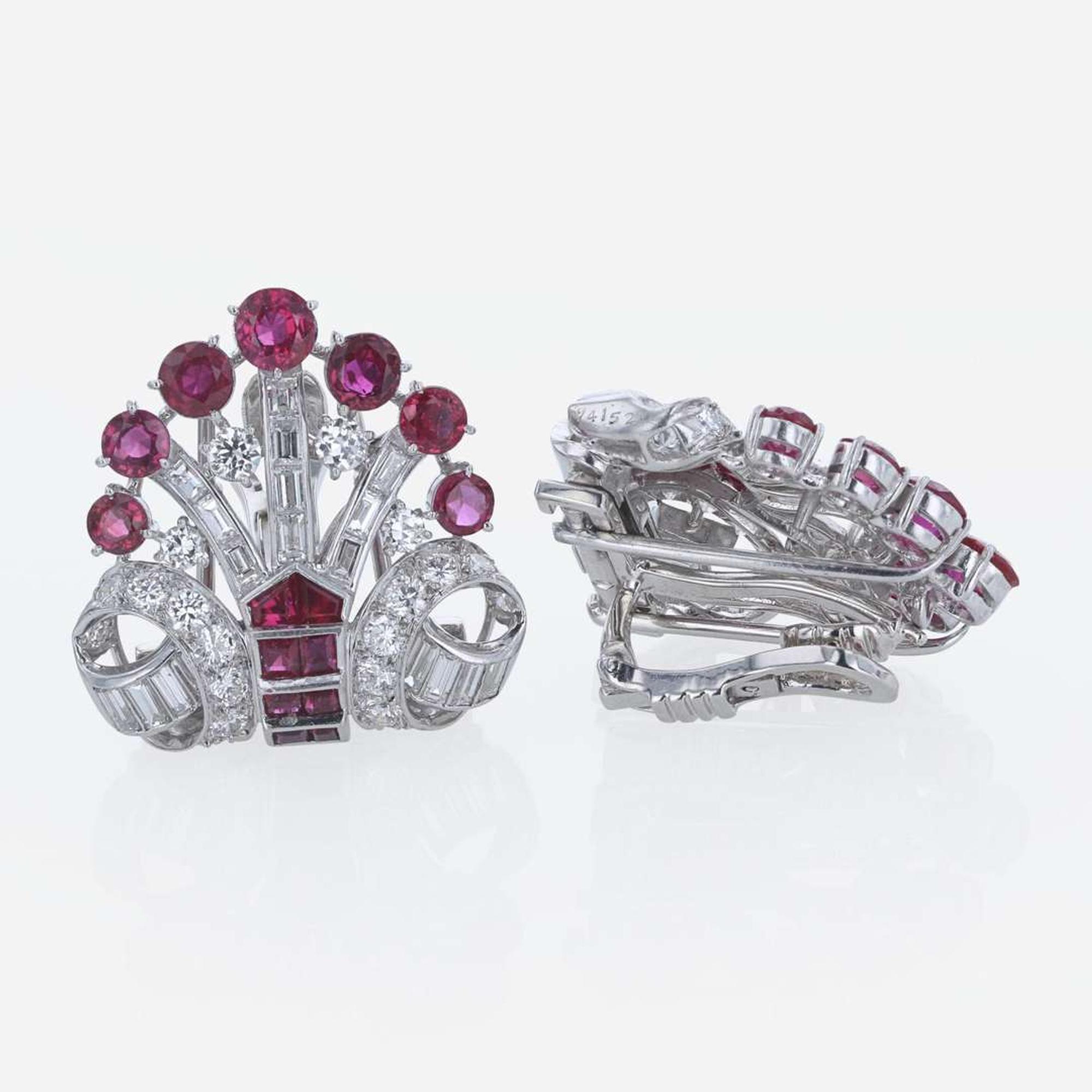 An Art Deco Diamond, and Ruby Duette Double Clip Brooch C. 1930's Bailey, Banks, & Biddle