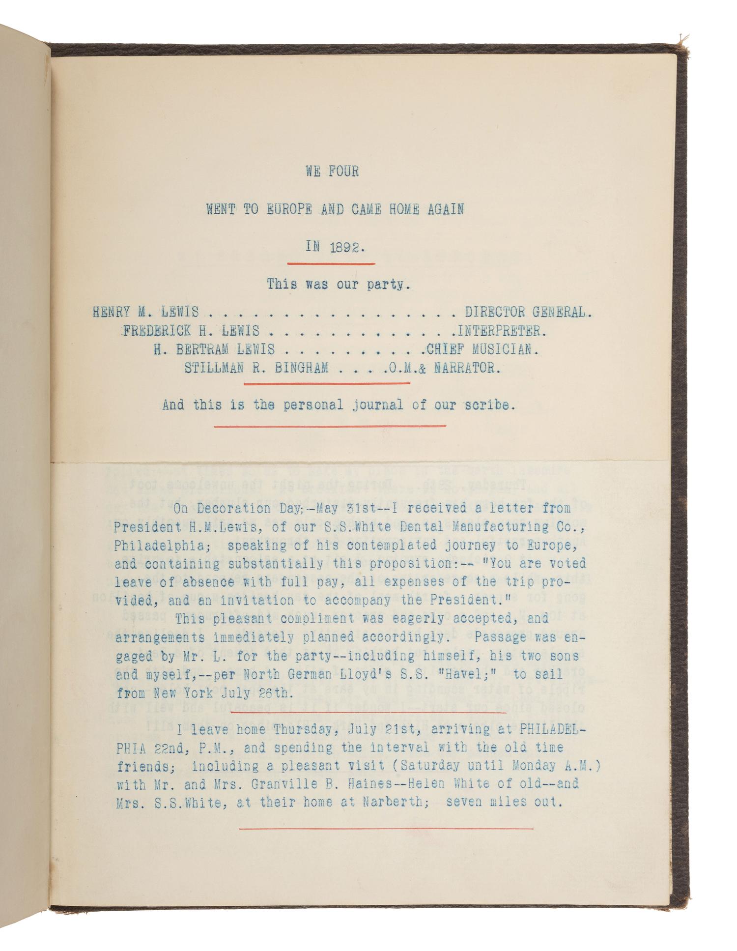 [TRAVEL] -- [BUSINESS]. European travel journal of Stillman R. Bingham (1829-1896), 1894.