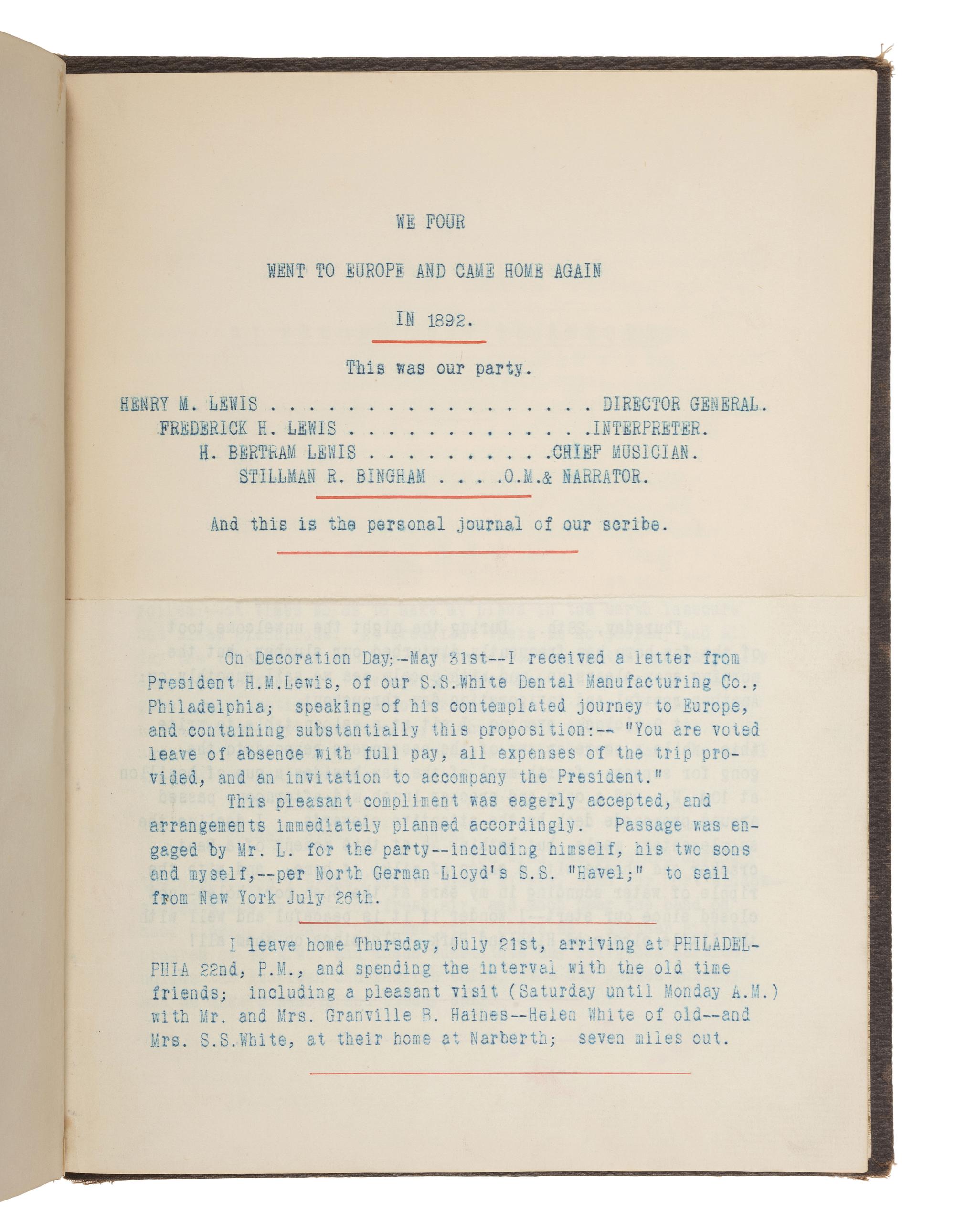 [TRAVEL] -- [BUSINESS]. European travel journal of Stillman R. Bingham (1829-1896), 1894.
