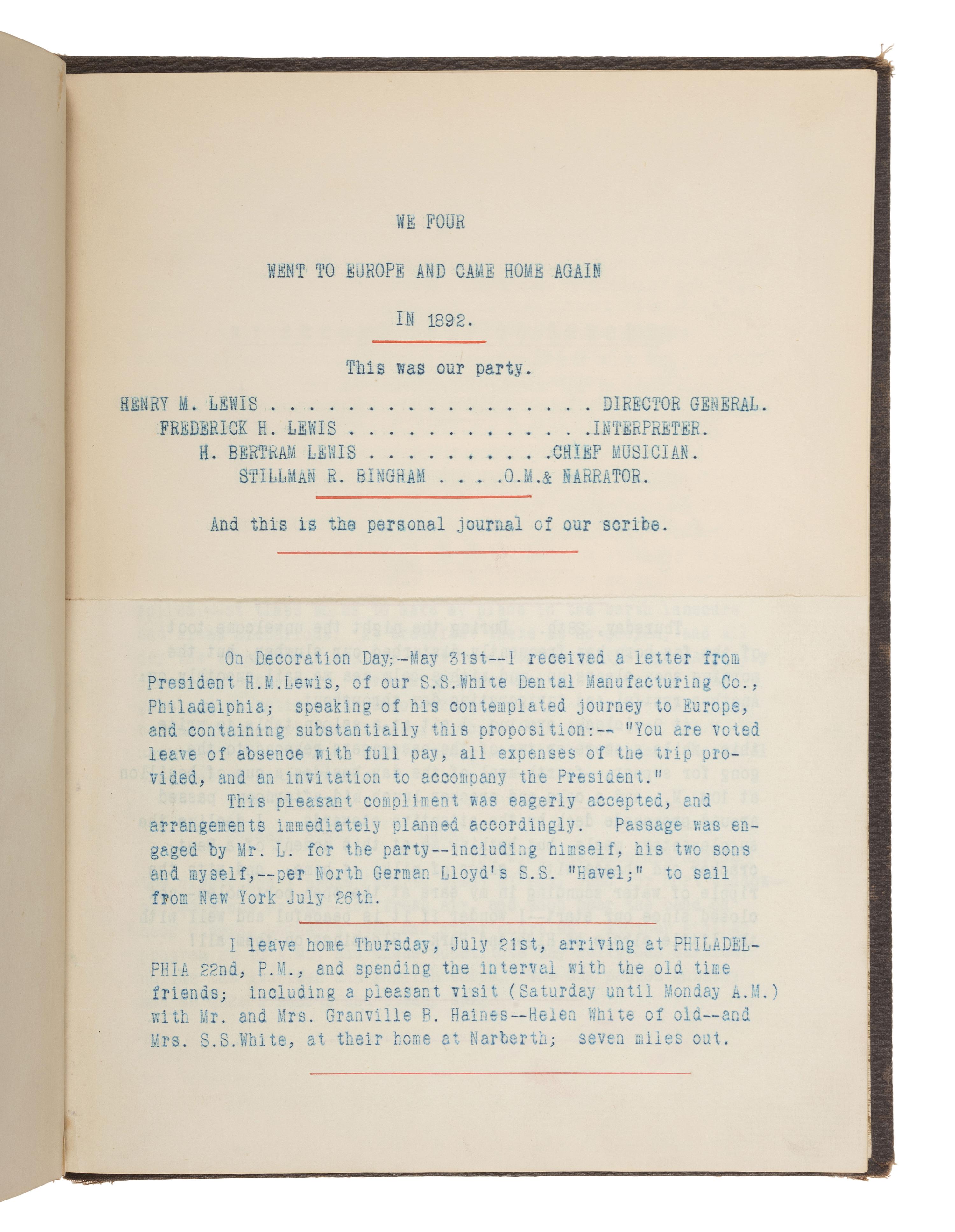 [TRAVEL] -- [BUSINESS]. European travel journal of Stillman R. Bingham (1829-1896), 1894.