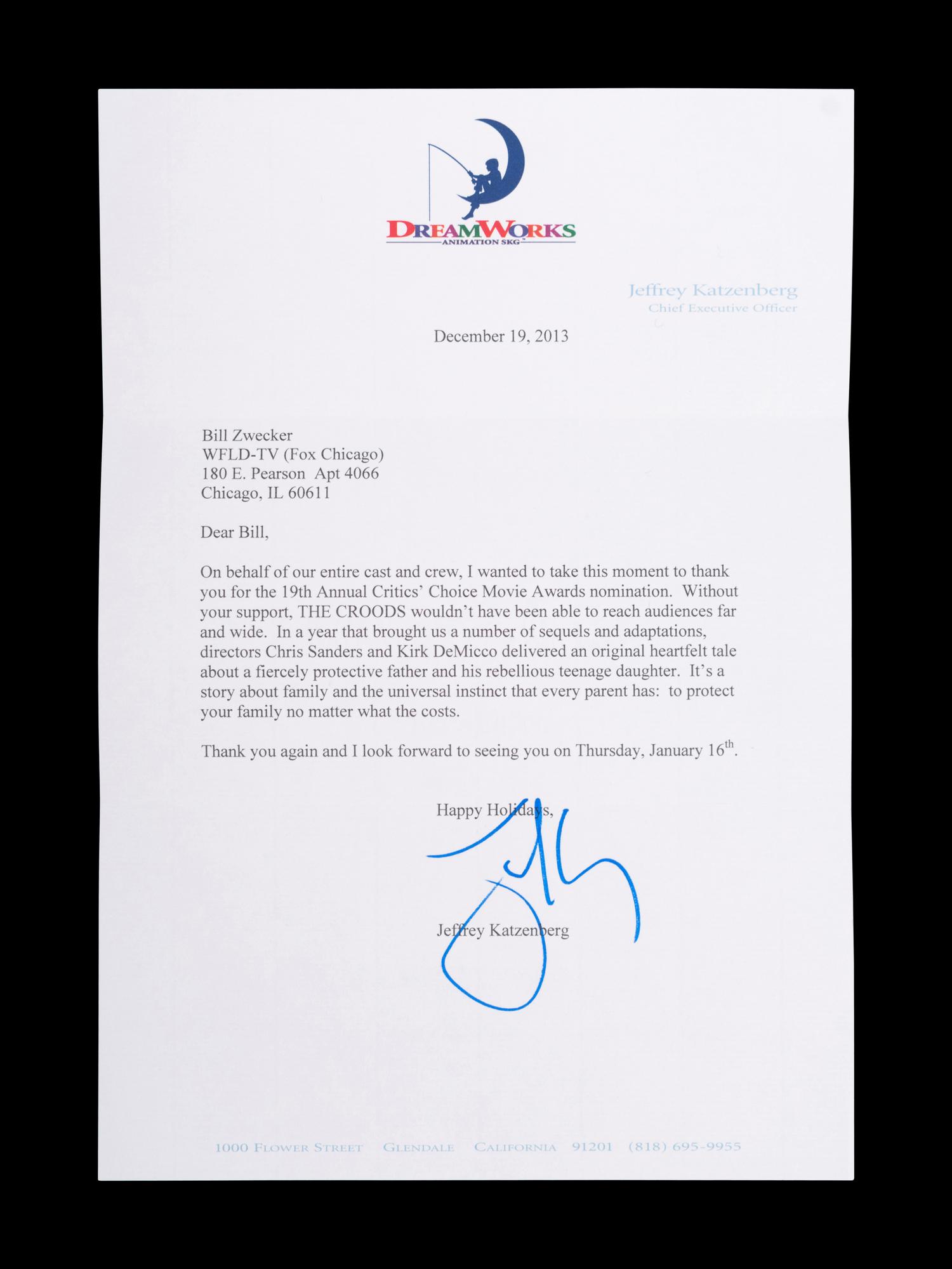 (Celebrity Memorabilia) A collection of 17 personal letters from celebrities, addressed to Bill Zwecker; comprising: