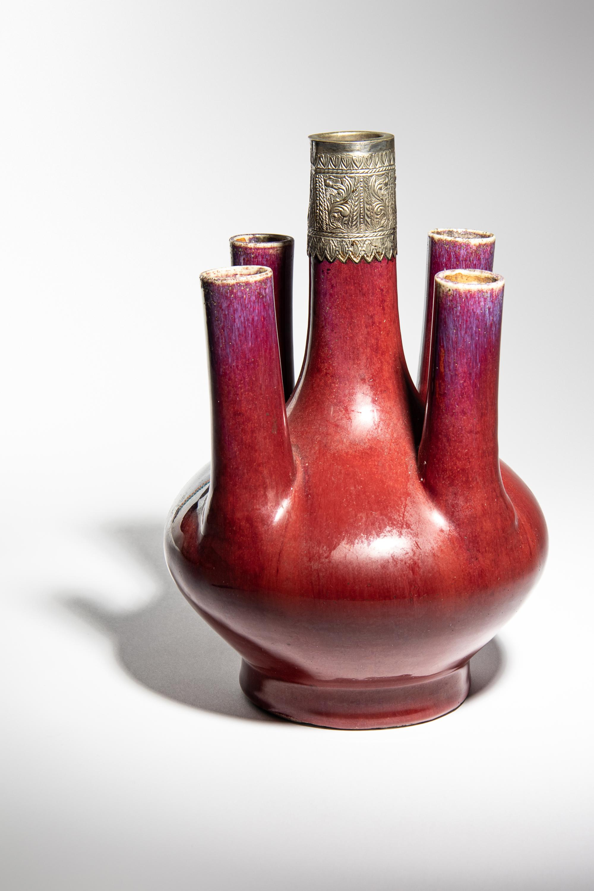A Silver Mounted Flambé Glazed Porcelain Tulip Vase