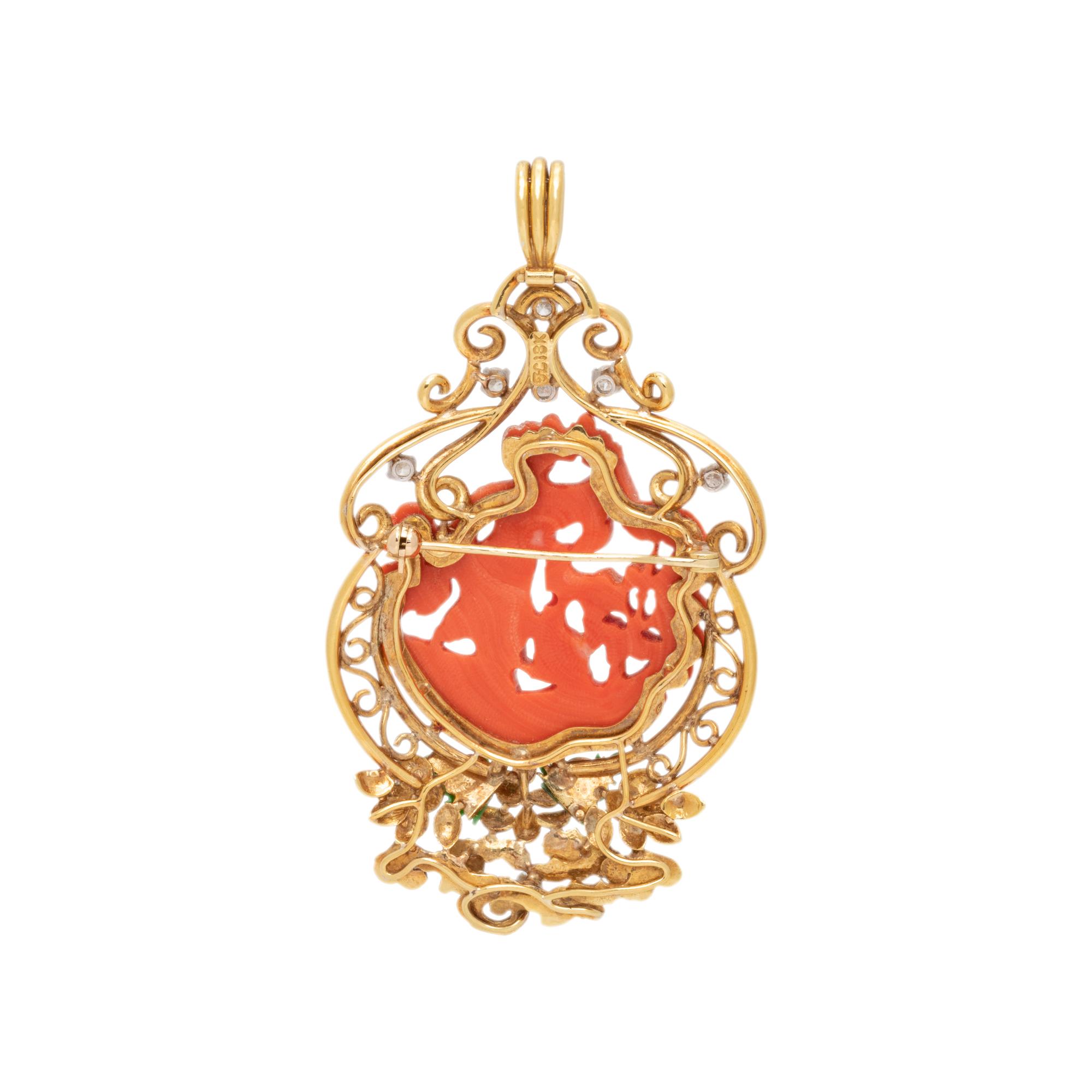 YELLOW GOLD, CORAL, JADE AND DIAMOND PENDANT