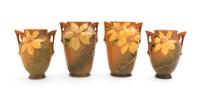 Two Pairs of Roseville Clematis Pottery Vases Height of first pair 7 1/4 inches, second 6 1/4 inches.