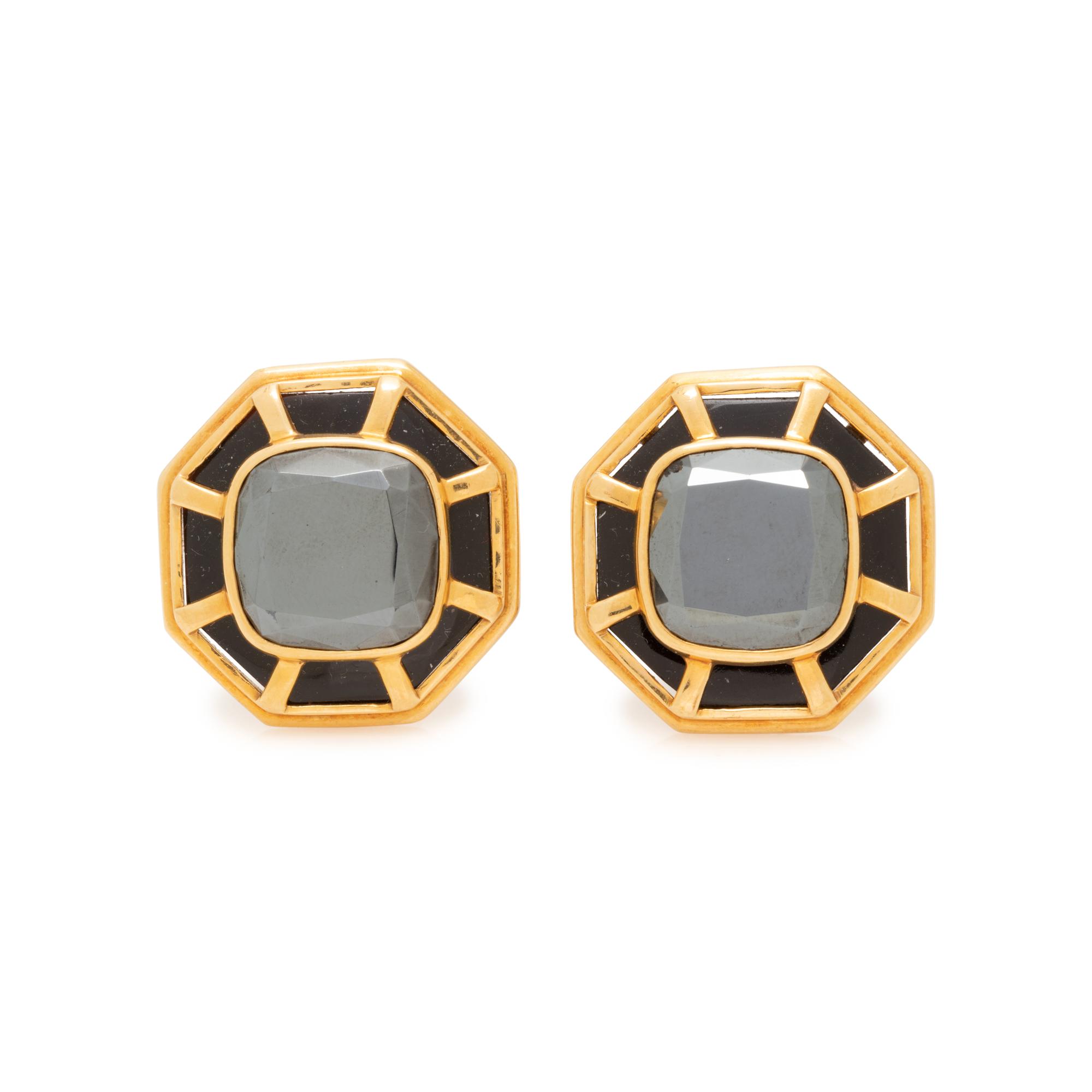 SUSAN BERMAN, YELLOW GOLD AND GEMSTONE EARCLIPS