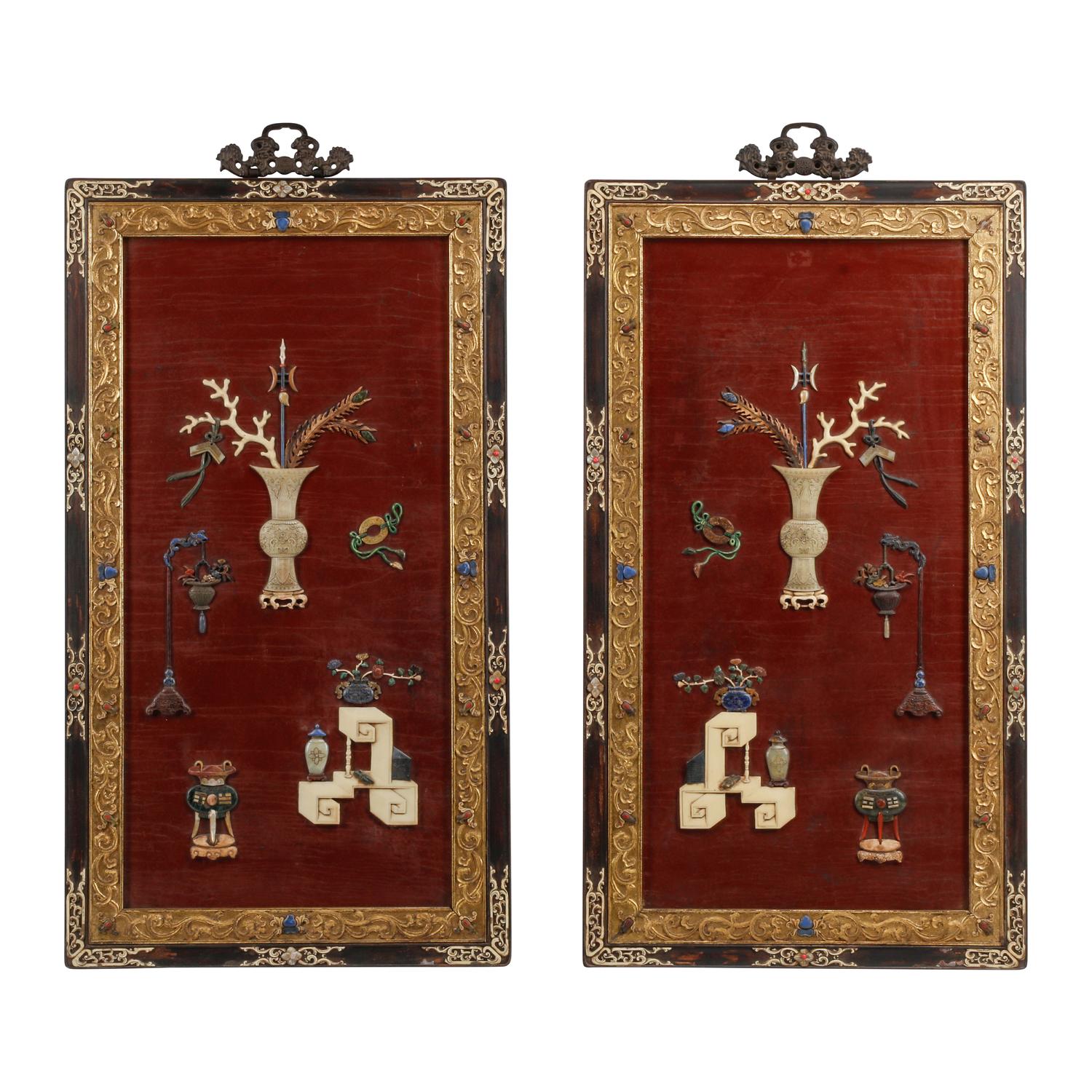 A Pair of Chinese Hardstone Inlaid Lacquer Panels