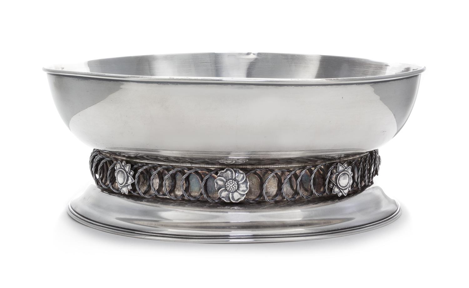 A German Silver Centerpiece Bowl, Hermann Ehrenlechner, Dresden, Early 20th Century, the circular bowl raised on a short stem applied w