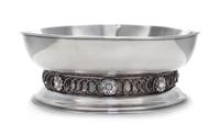 A German Silver Centerpiece Bowl, Hermann Ehrenlechner, Dresden, Early 20th Century, the circular bowl raised on a short stem applied w
