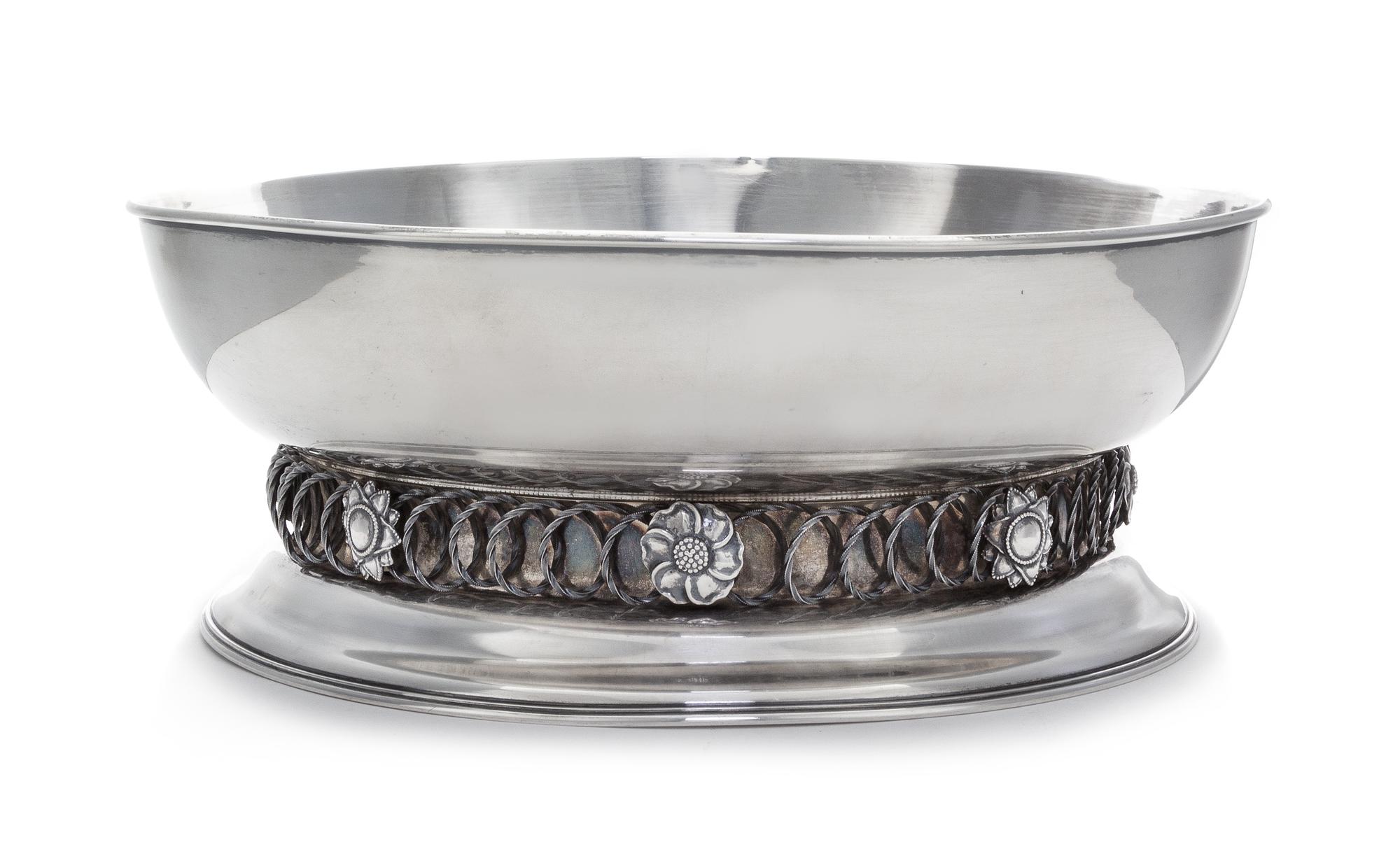 A German Silver Centerpiece Bowl, Hermann Ehrenlechner, Dresden, Early 20th Century, the circular bowl raised on a short stem applied w