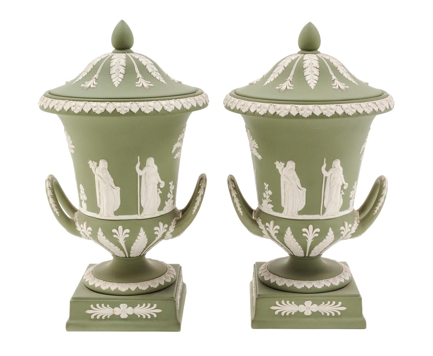A Pair of Wedgwood Jasperware Covered Urns Height 12 1/2 inches. — 20TH CENTURY