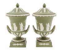 A Pair of Wedgwood Jasperware Covered Urns Height 12 1/2 inches. — 20TH CENTURY