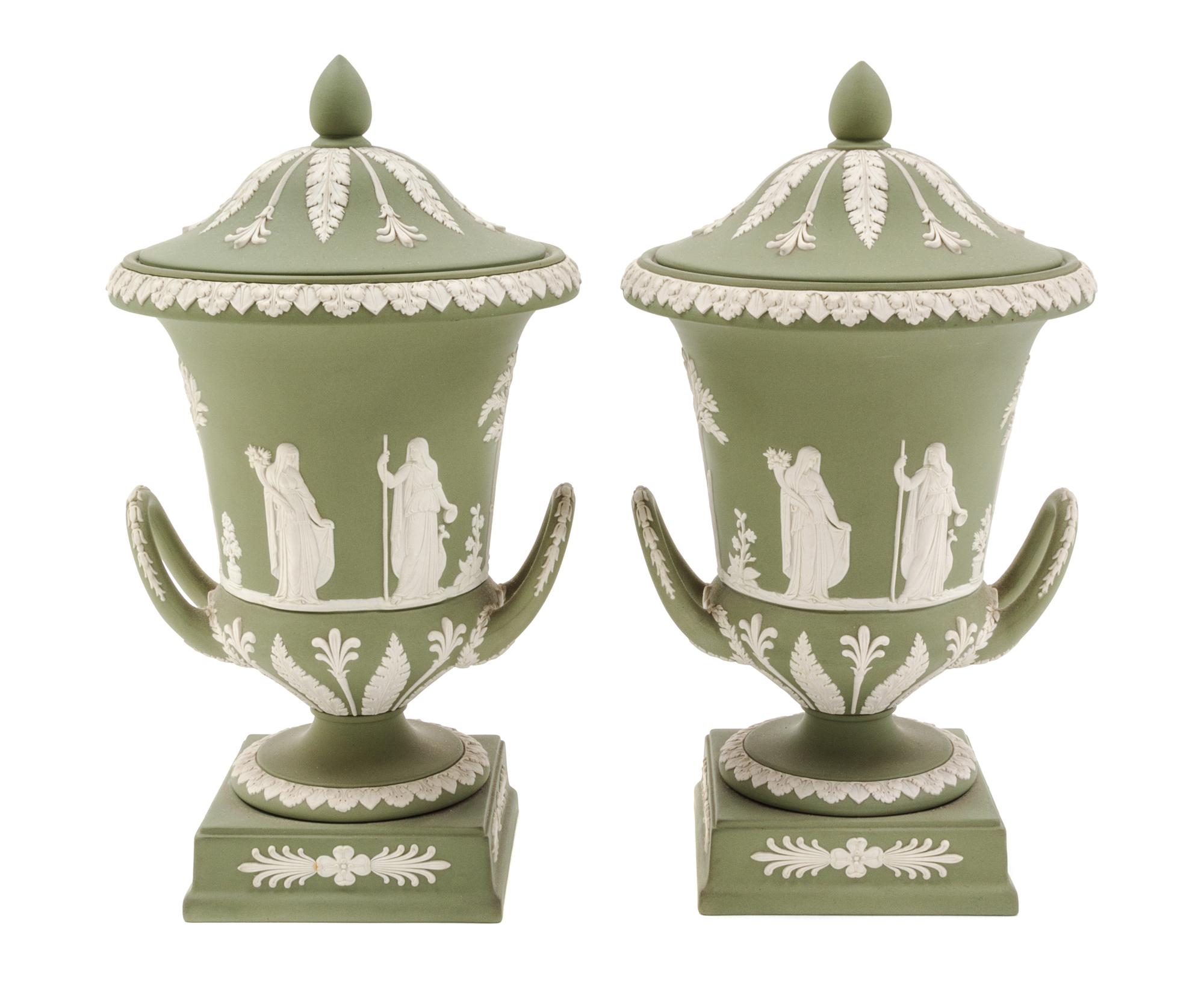 A Pair of Wedgwood Jasperware Covered Urns Height 12 1/2 inches. — 20TH CENTURY