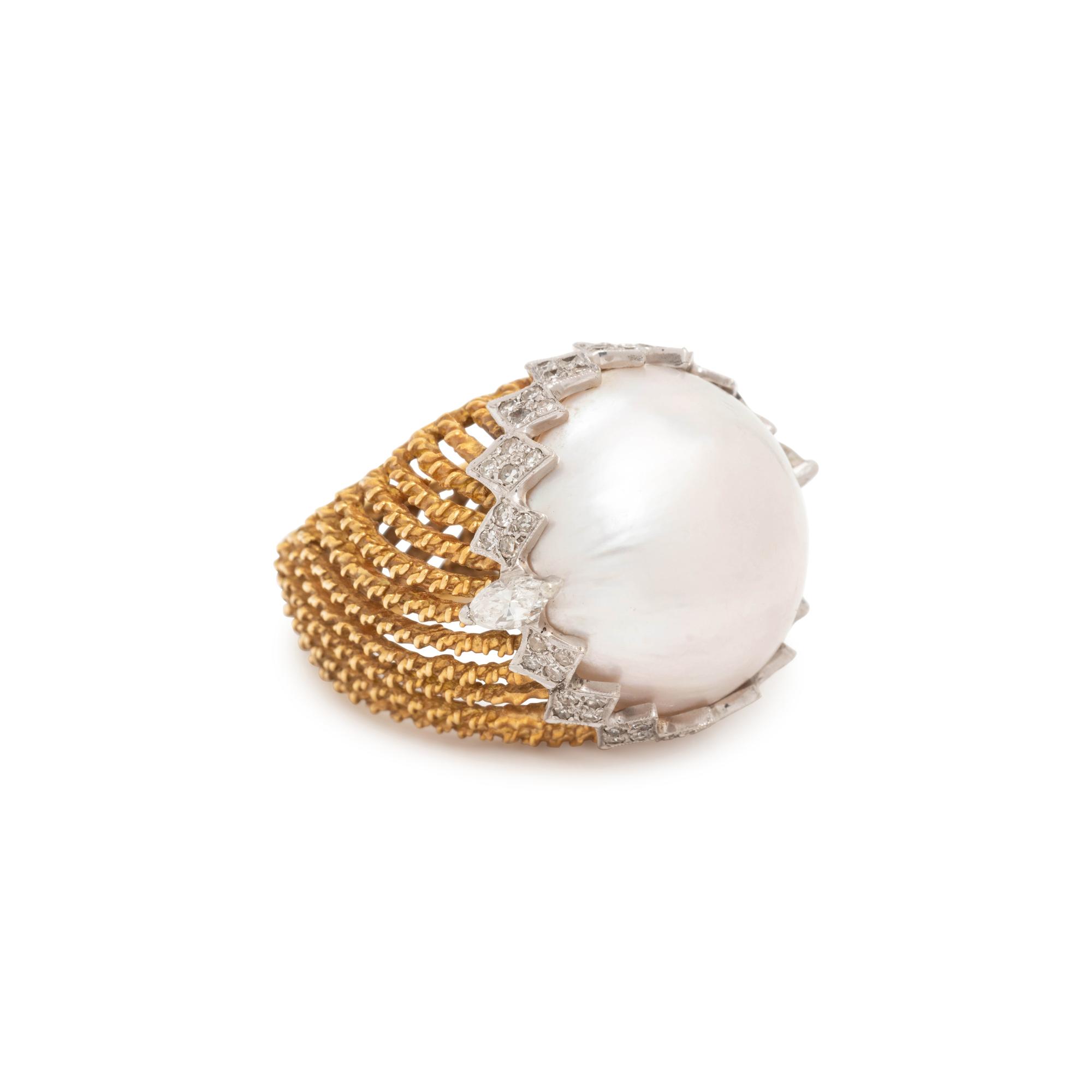 CULTURED MABE PEARL AND DIAMOND RING