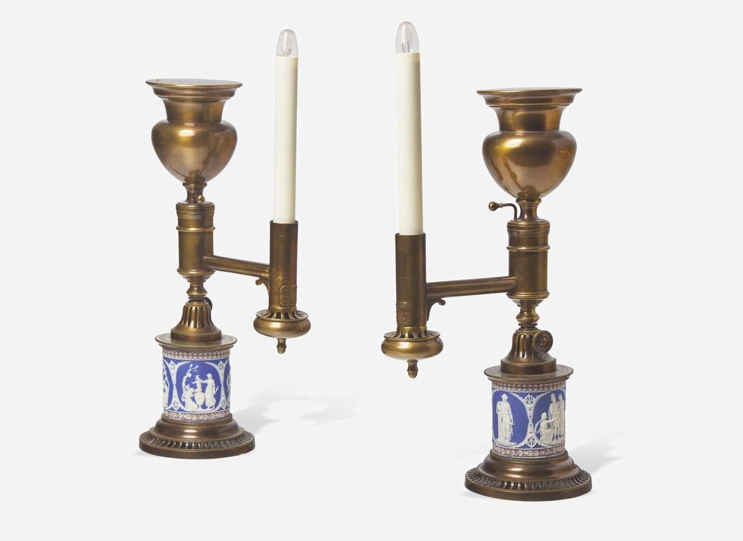 A Pair of Argand Lamps with Tricolor Jasperware Bases, UK, early 19th century