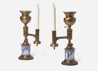 A Pair of Argand Lamps with Tricolor Jasperware Bases, UK, early 19th century