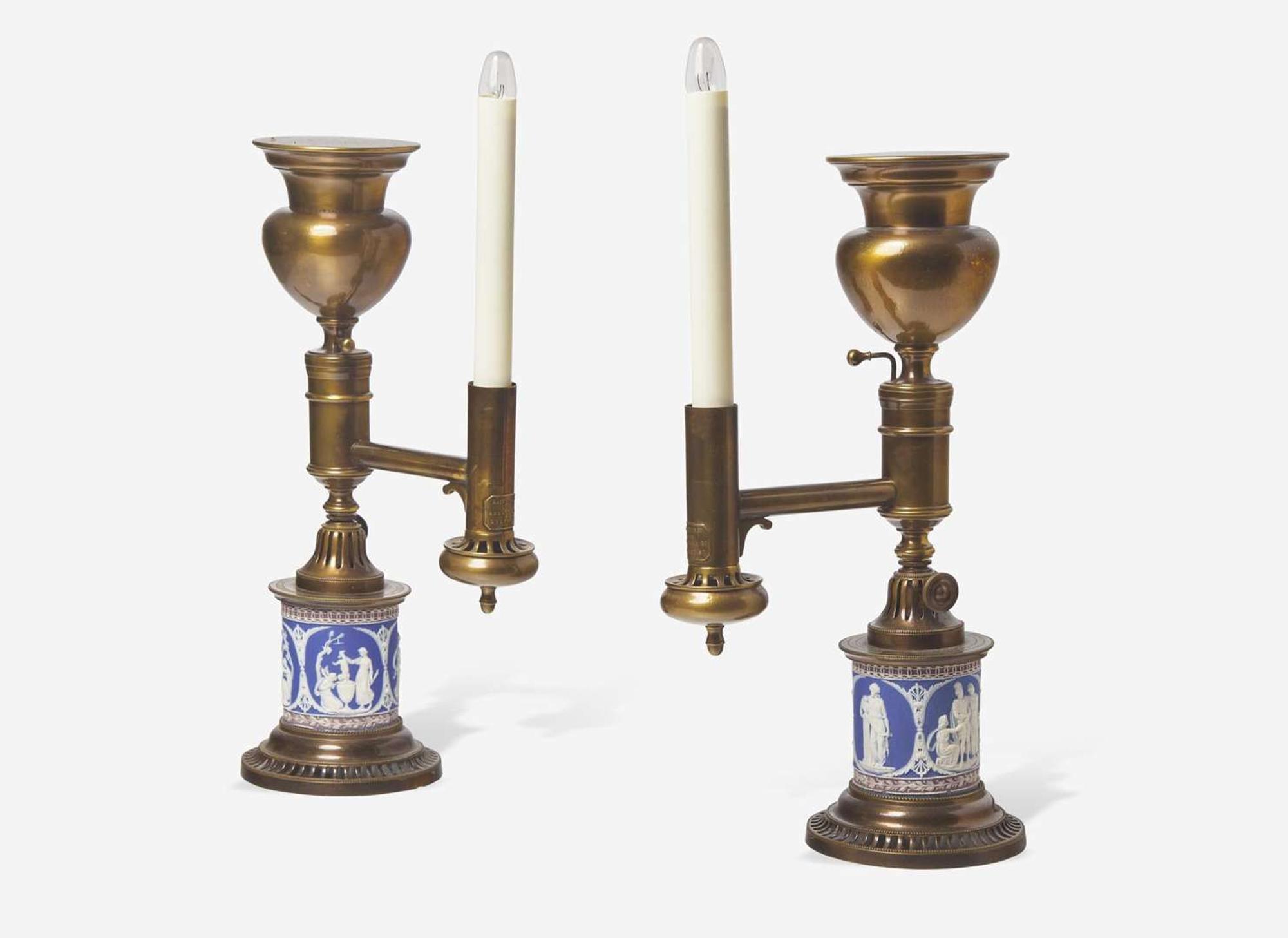 A Pair of Argand Lamps with Tricolor Jasperware Bases, UK, early 19th century