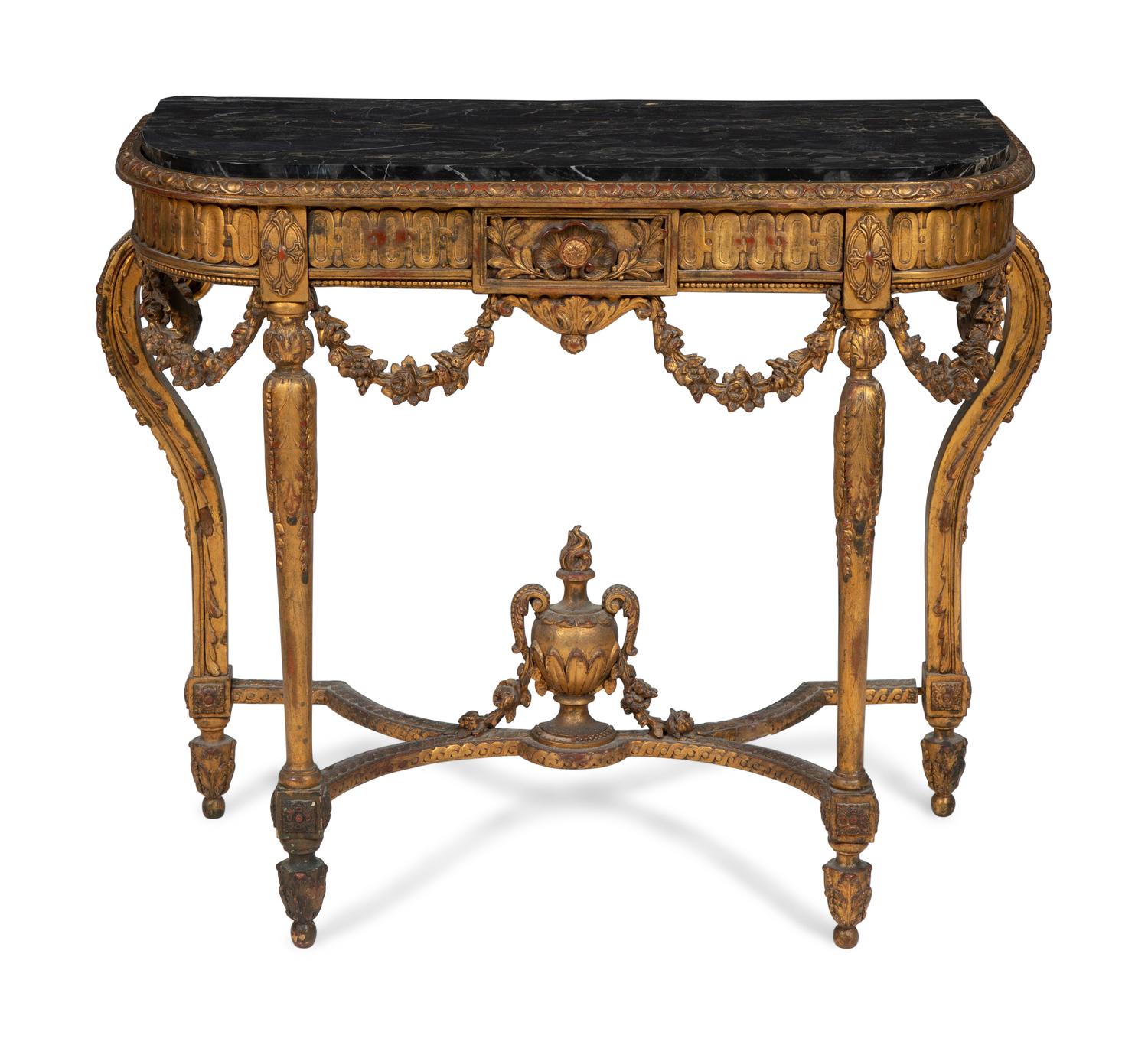 A Louis XVI Style Marble Top Giltwood Console Table