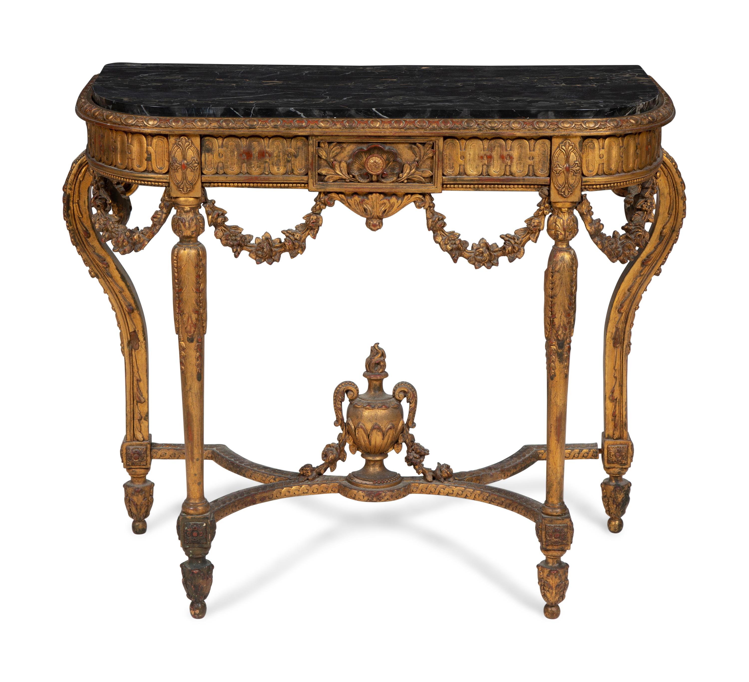 A Louis XVI Style Marble Top Giltwood Console Table