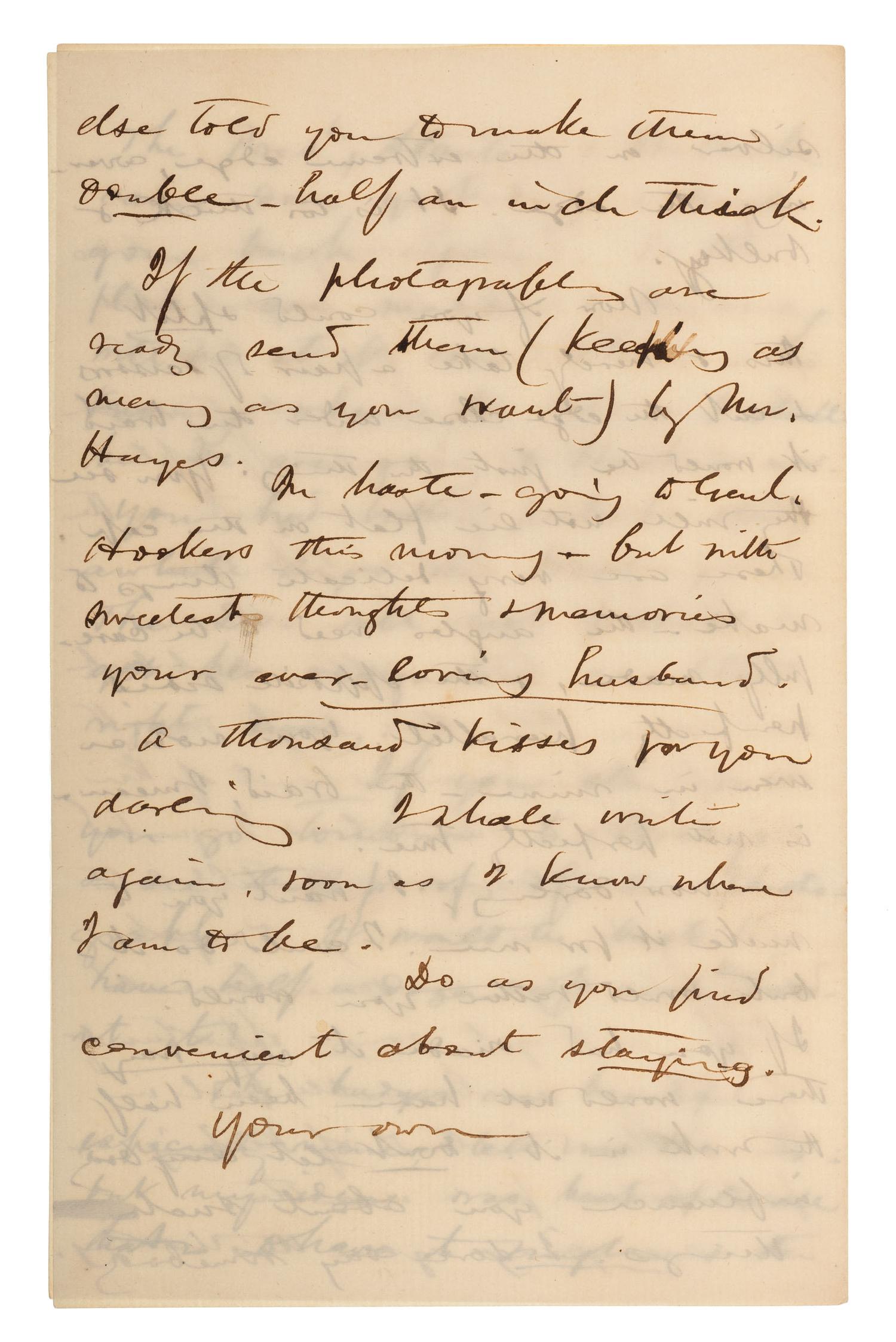 CHAMBERLAIN, Joshua (1828-1914). Autograph letter to his wife Fanny in which he discusses the corps badges made for him by Fanny and the family's housekeeper. N.p., [9 April 1863].