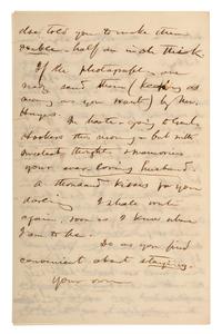 CHAMBERLAIN, Joshua (1828-1914). Autograph letter to his wife Fanny in which he discusses the corps badges made for him by Fanny and the family's housekeeper. N.p., [9 April 1863].