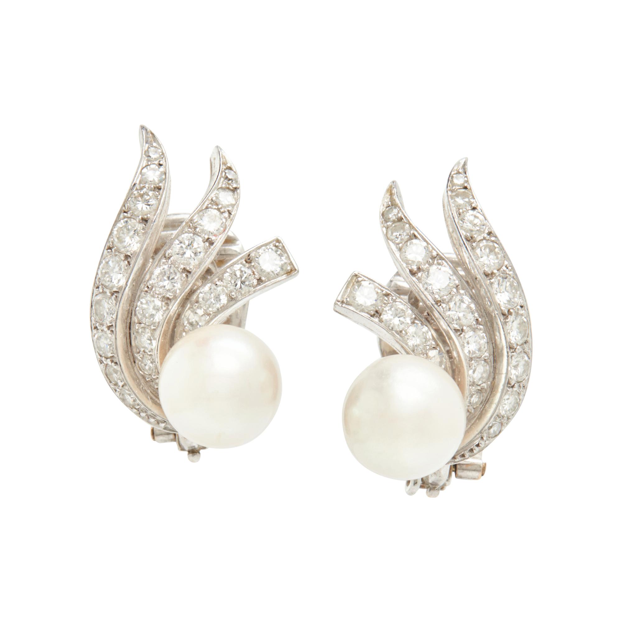 WHITE GOLD, CULTURED PEARL, AND DIAMOND CLIP EARRINGS