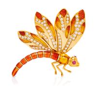An 18 Karat Yellow Gold, Diamond, Ruby and Polychrome Enamel Dragonfly Brooch, Judith Leiber, 16.60 dwts.