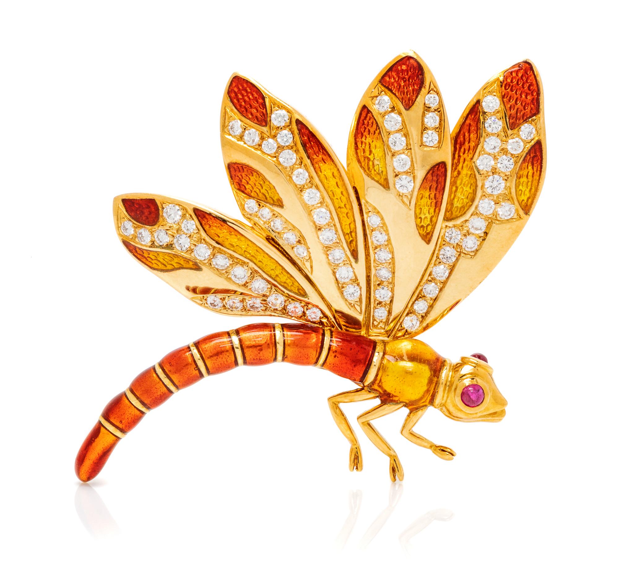 An 18 Karat Yellow Gold, Diamond, Ruby and Polychrome Enamel Dragonfly Brooch, Judith Leiber, 16.60 dwts.