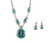 Southwestern Silver and Turquoise Nugget Necklace and Earrings Length 20 inches
