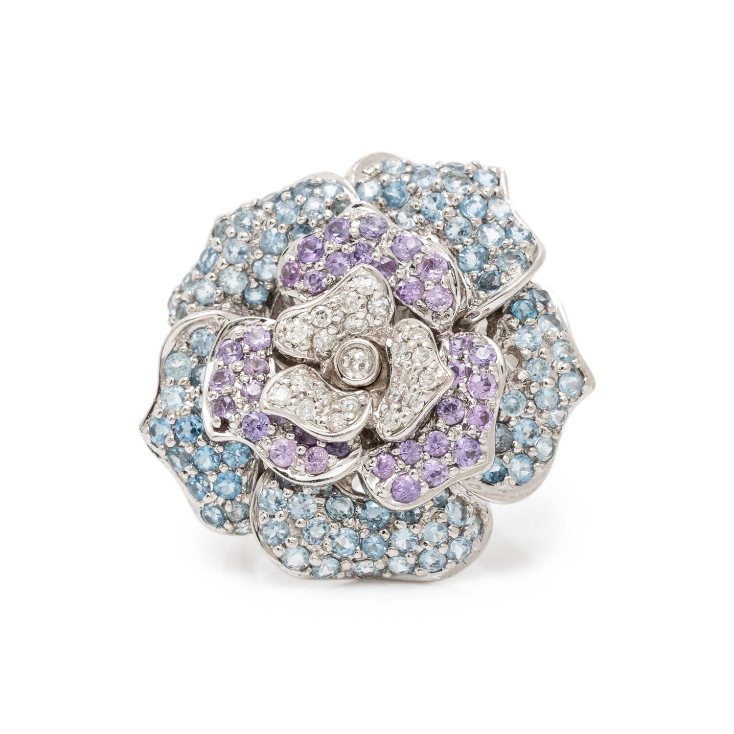 SONIA B., WHITE GOLD, DIAMOND, AQUAMARINE, AND PURPLE SAPPHIRE FLOWER RING