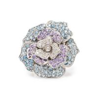 SONIA B., WHITE GOLD, DIAMOND, AQUAMARINE, AND PURPLE SAPPHIRE FLOWER RING