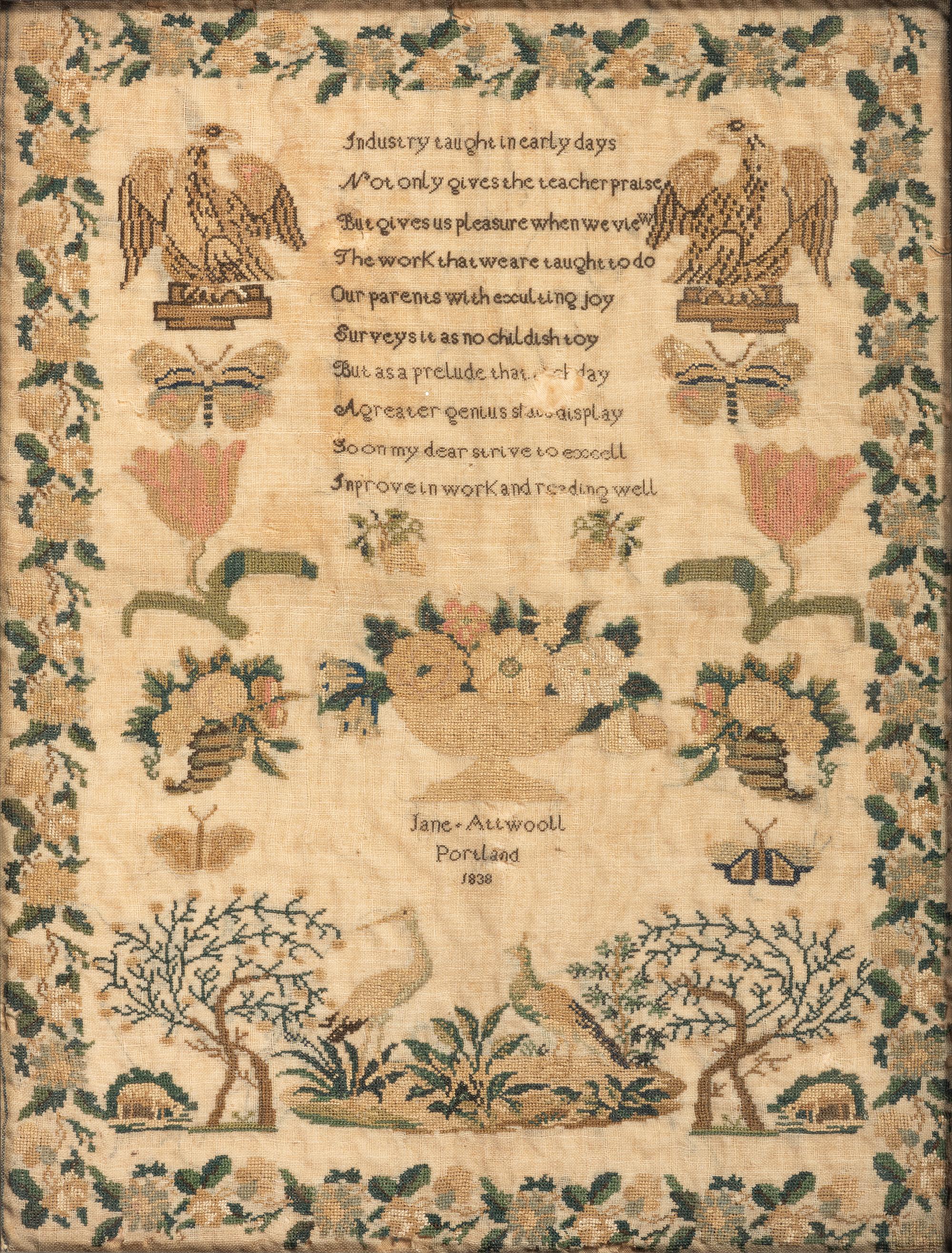 A Maine Needlework Sampler with Eagles