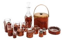 A Group of Western Style Branding Mark Decorated Glassware and Tooled Leather Barware, Libbey Glass, LRS63 Height of tallest 14 1/4 inc