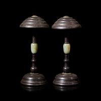 A Pair of Chinese Silver Wire-Inlaid and Jade-Mounted Hardwood Hat Stands, 20th Century 近代 硬木 嵌銀絲鑲玉帽架一對