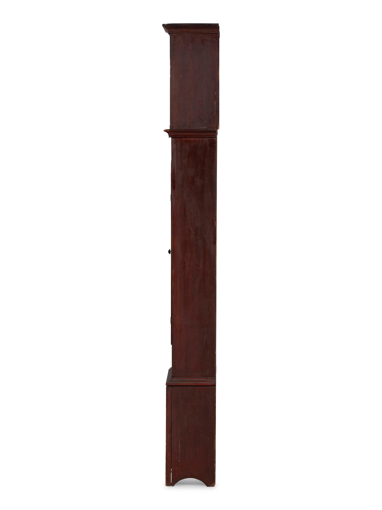 A Country Chippendale Red Painted Pine Wooden Works Tall Case Clock