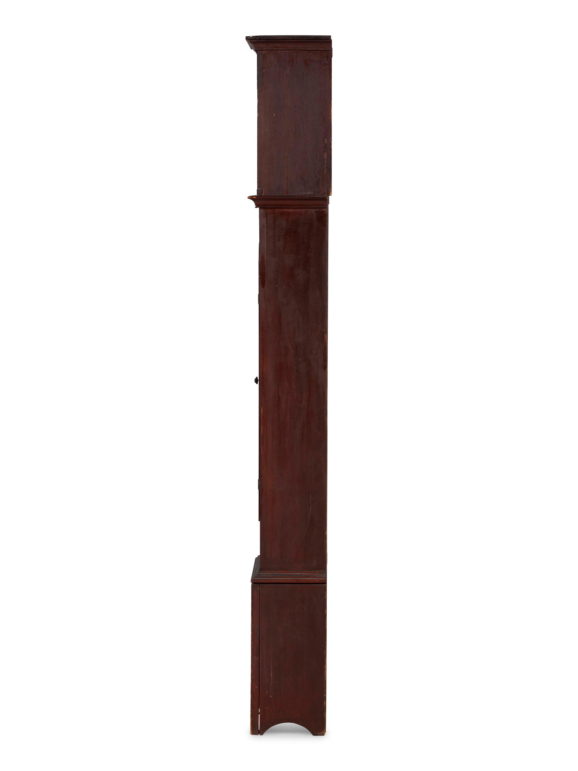 A Country Chippendale Red Painted Pine Wooden Works Tall Case Clock
